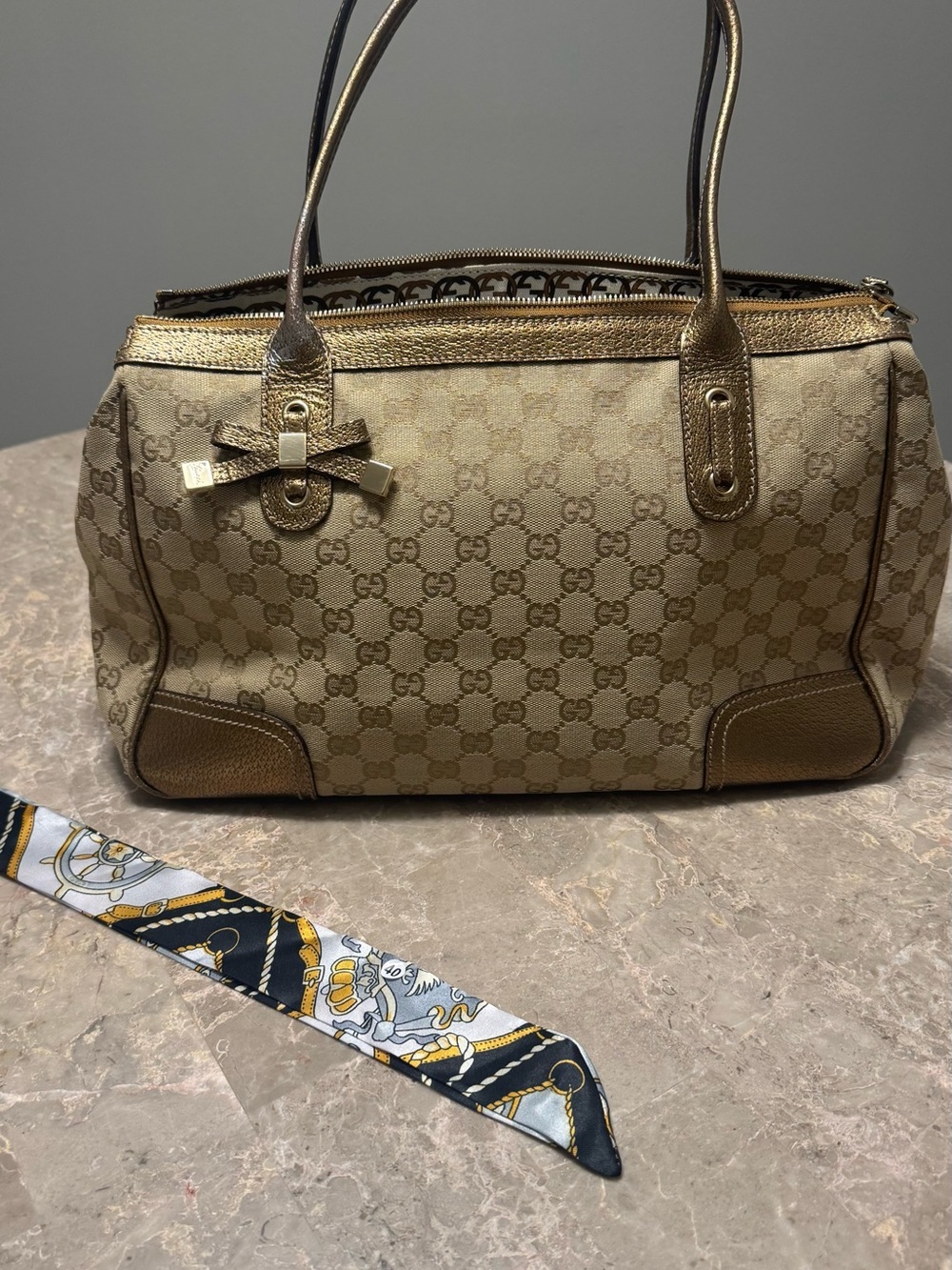 Gucci Beige and Gold Monogram Tote Bag with Bow Accent